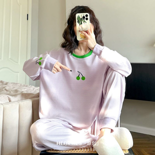 长裤 纯棉长袖 套头休闲宽松家居服 刺绣小樱桃睡衣女春秋季 HEARMES