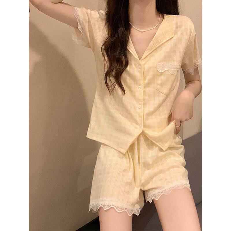 HEARMES 夏天睡衣女夏款纯棉网红风小个子学生格子翻领家居服两件