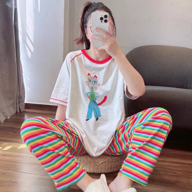HEARMES 可爱卡通纯棉睡衣女款春夏短袖长裤休闲家居服套装可外穿