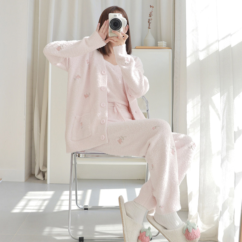 HEARMES 加厚珊瑚绒睡衣女秋冬季复古玫瑰可外穿保暖家居服三件套