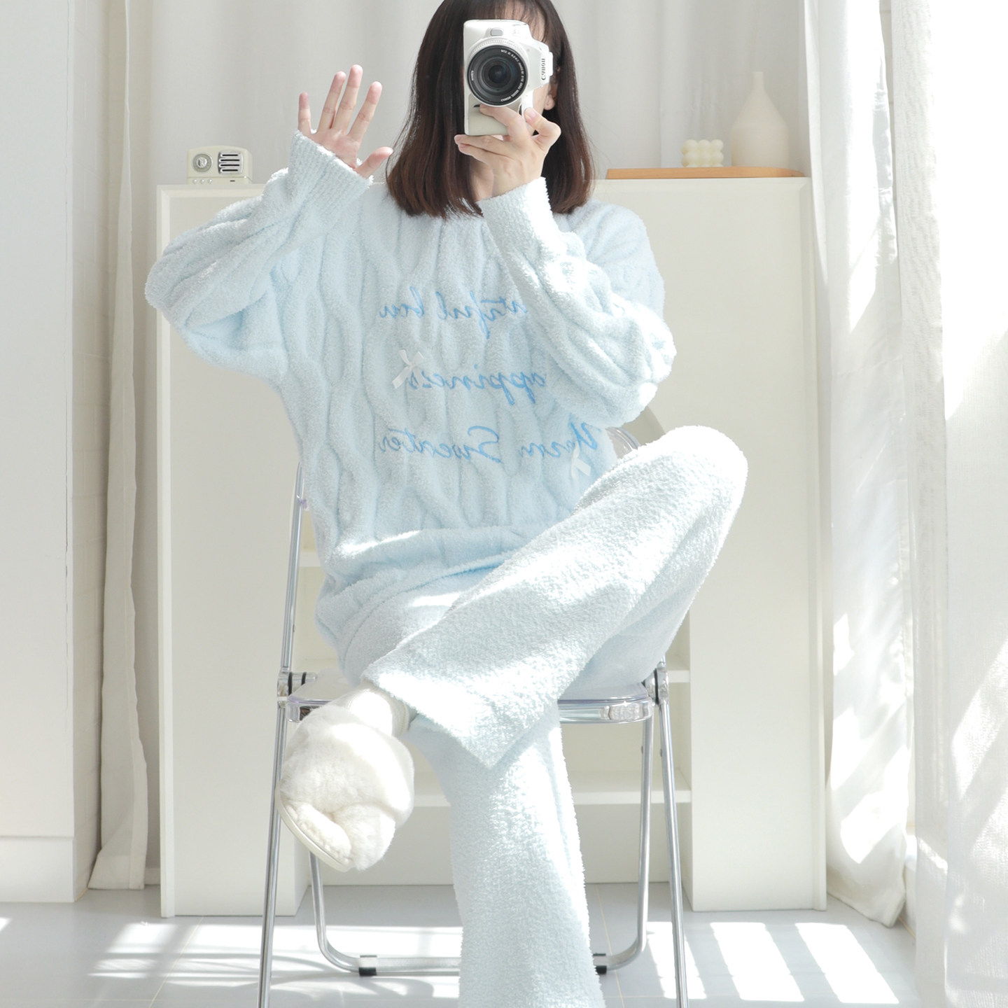 HEARMES 软糯半边绒睡衣女秋冬季蓝色珊瑚绒家居服宽松保暖可外穿