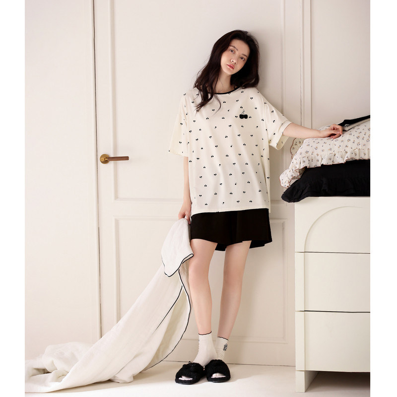 HEARMES 睡衣女夏季短袖短裤莫代尔樱桃时尚薄款家居服可外穿套装