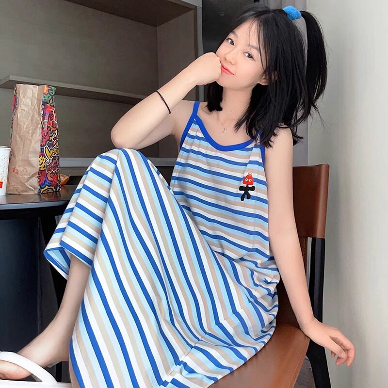 HEARMES 条纹怪兽吊带睡裙女夏季纯棉长款无袖睡衣孕妇宽松家居服