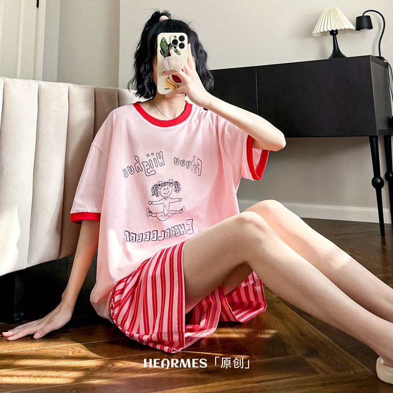 HEARMES 可爱女孩纯棉睡衣夏季短袖短裤条纹休闲可外穿家居服套装
