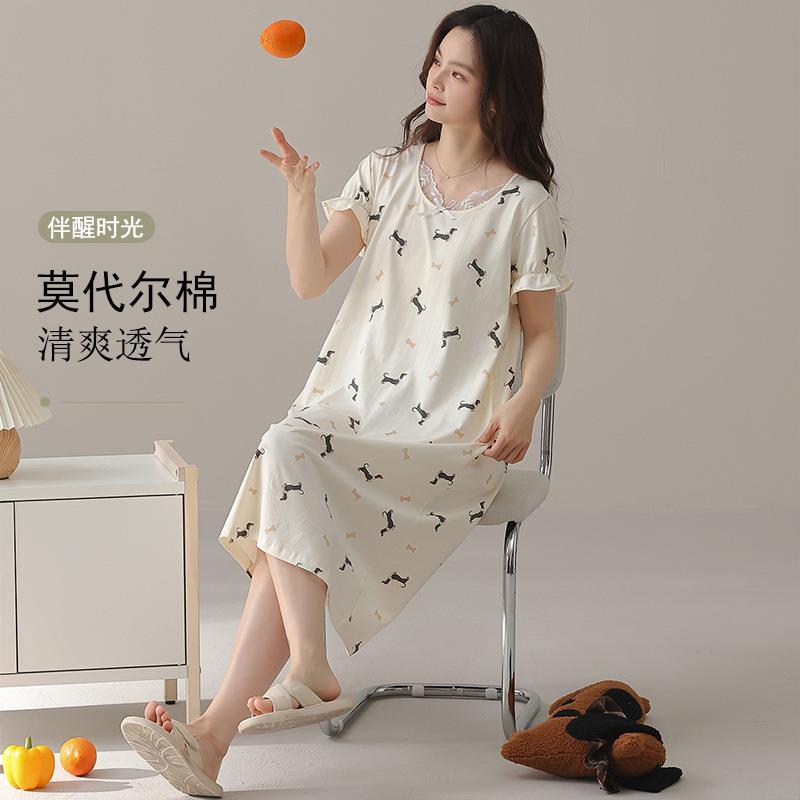 HEARMES【超柔软】莫代尔棉睡裙女士夏季短袖连衣裙卡通可外穿凉