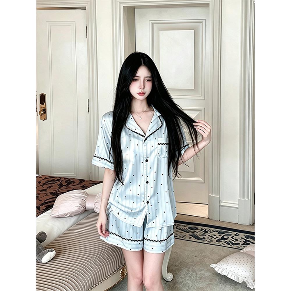 HEARMES 高级感波点条纹冰丝睡衣女夏季短袖家居服春秋天长袖套装
