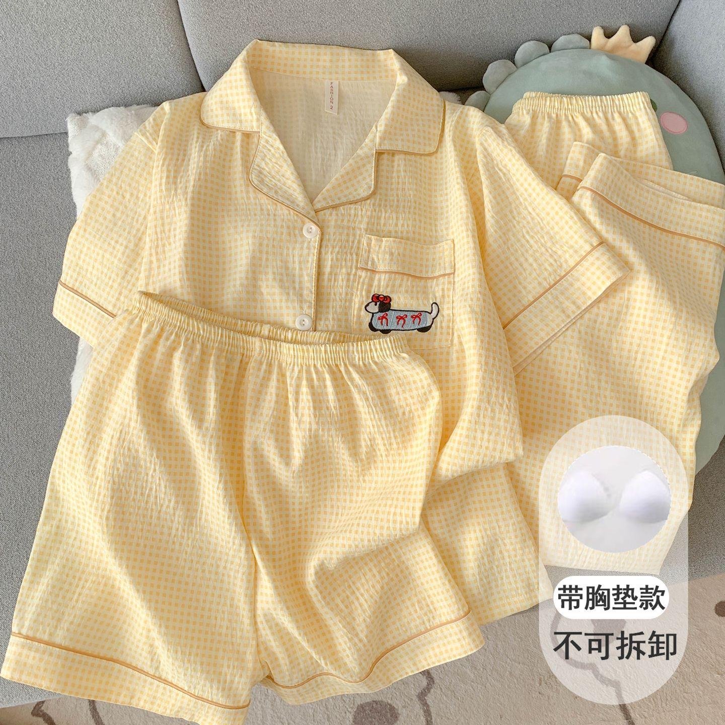 HEARMES 带胸垫腊肠狗纯棉纱布睡衣女款春秋夏季短袖家居服三件套