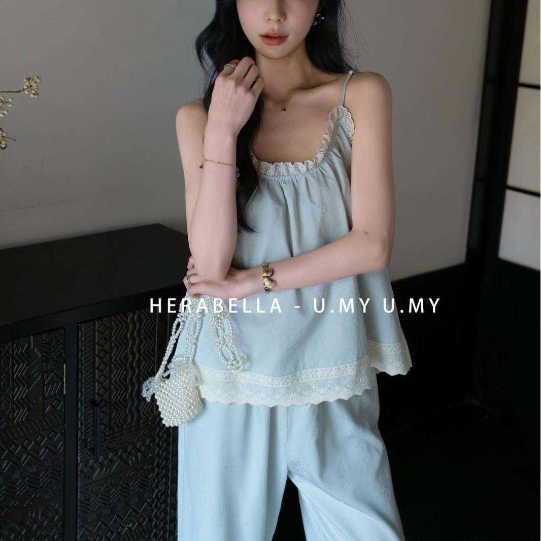 HEARMES 睡衣女士夏季薄款甜美花边吊带家居服简约纯色无袖套装