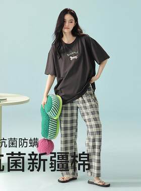 HEARMES【抗菌新疆棉】情侣睡衣女春夏季纯棉短袖长裤韩版格纹家