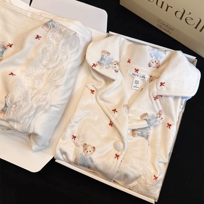 HEARMES 小红书推荐秋冬新款保暖海岛绒睡衣女加厚可爱小熊家居服