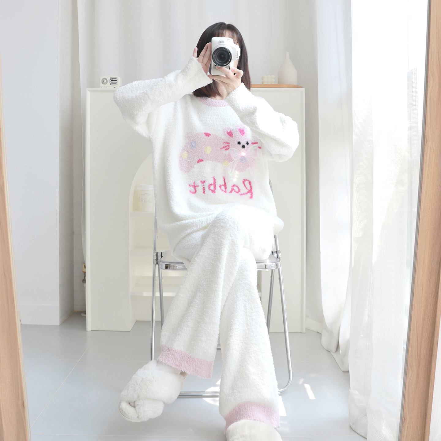 HEARMES 可爱小猫睡衣女秋冬季半边绒加厚珊瑚绒可外穿家居服套装