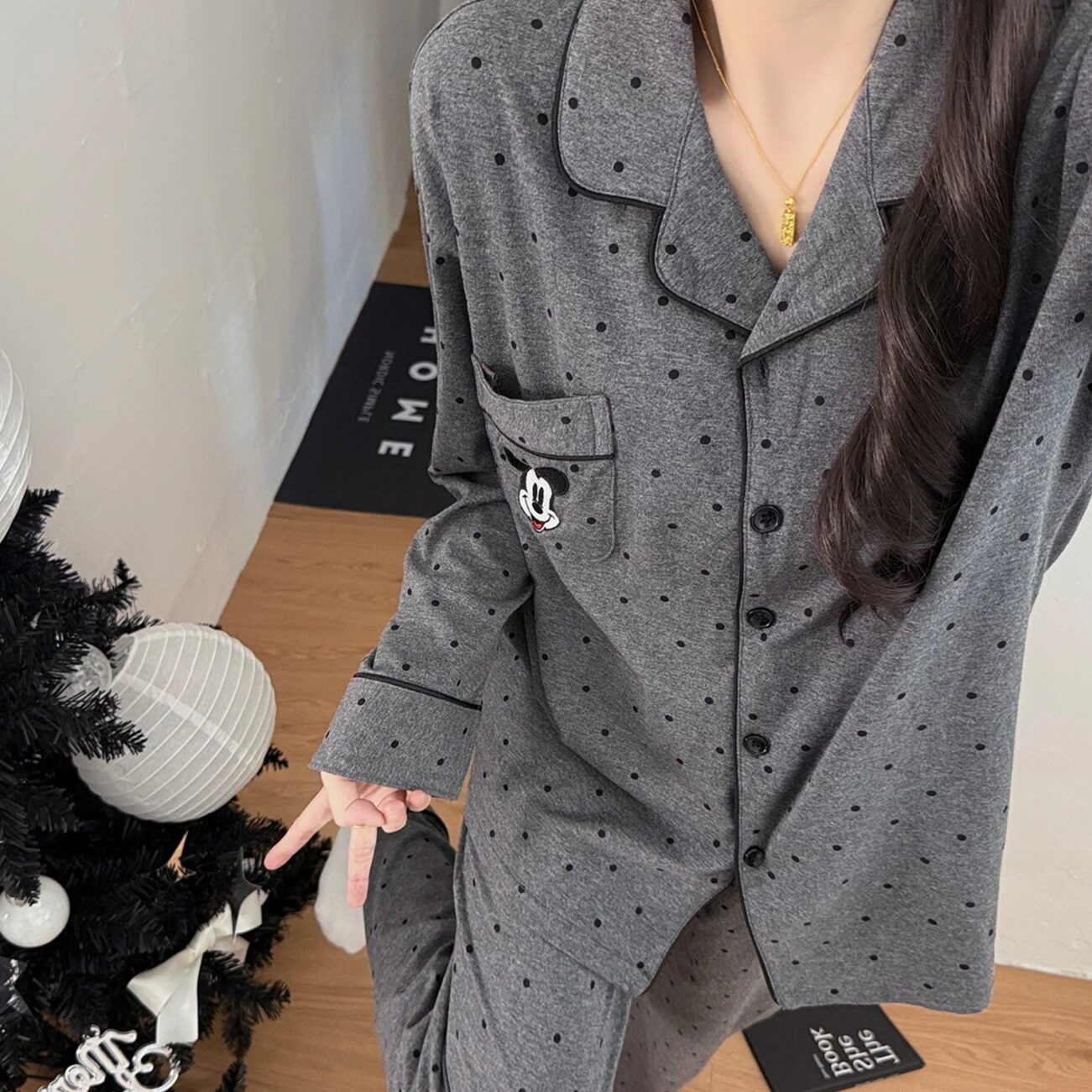 HEARMES 秋季灰色波点米奇睡衣女纯棉长袖长裤情侣开衫家居服套装