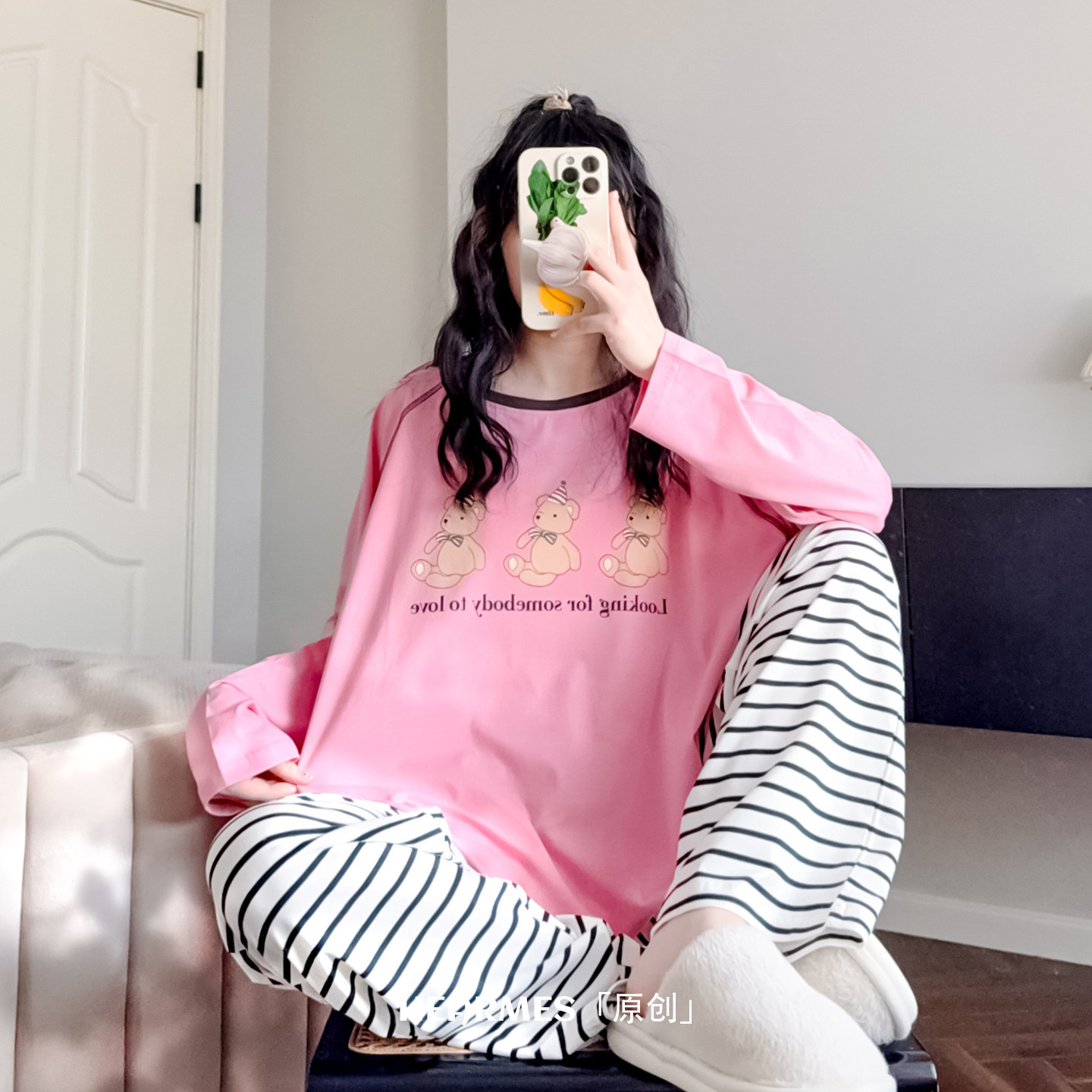 HEARMES 可爱小熊睡衣女秋冬季纯棉韩版长款宽松可外穿圆领家居服