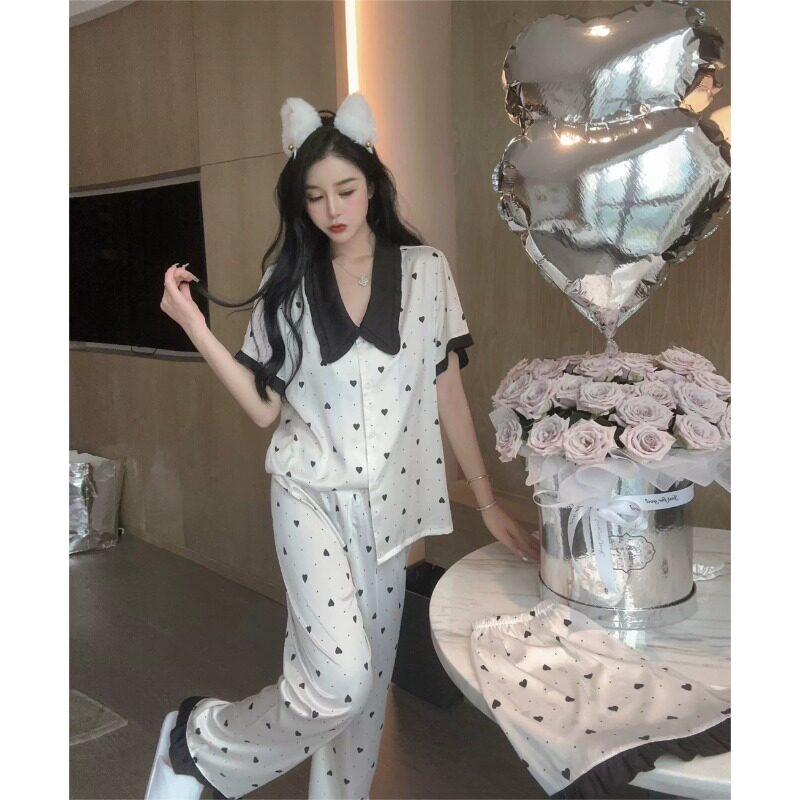 HEARMES 黑白爱心睡衣女夏天短袖冰丝夏季娃娃领公主风家居服套装