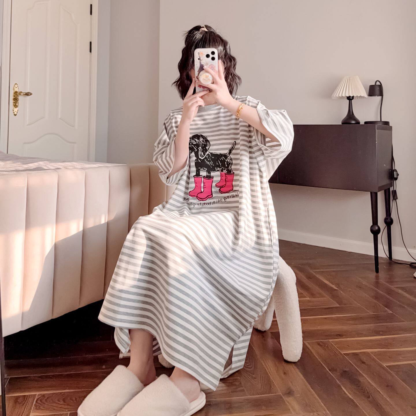 HEARMES 简约条纹睡裙女夏纯棉短袖可外穿宽松孕妇长裙睡衣家居服