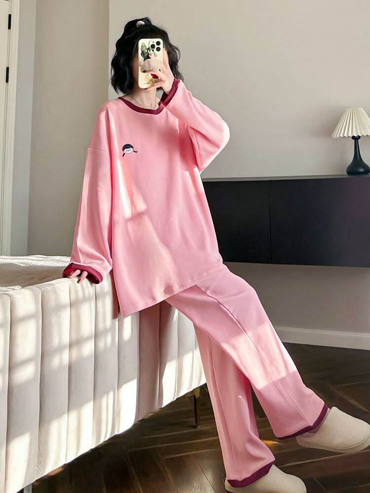HEARMES CUTE DOLL PAJAMAS WOMENS LONG SLEEVE COTTON SPRING SOLID COLOR CASUAL CAN BE WORN LOOSE LOUNGEWEAR