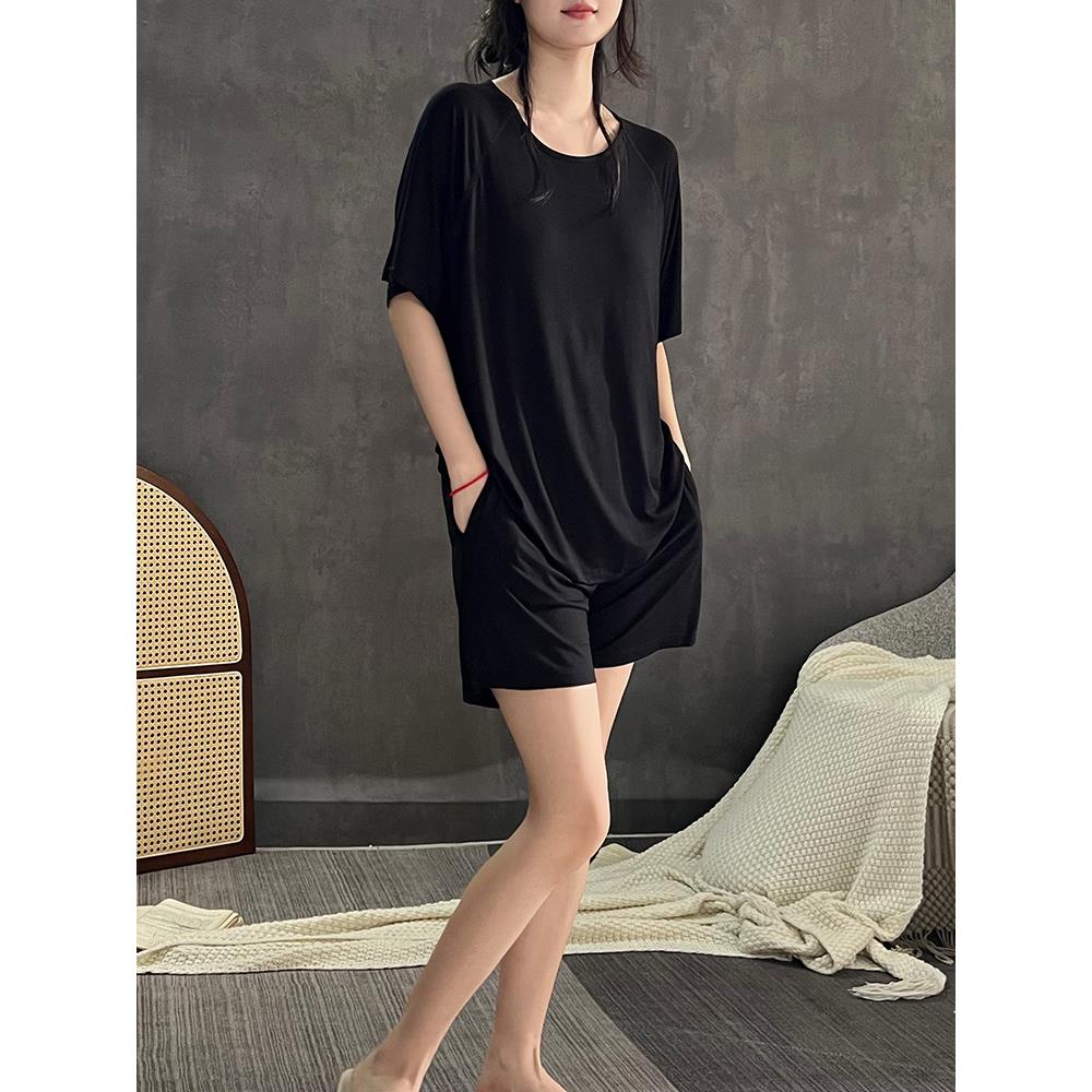 HEARMES【凉感】带胸垫一体睡衣女夏季外穿家居服薄款莫代尔黑色