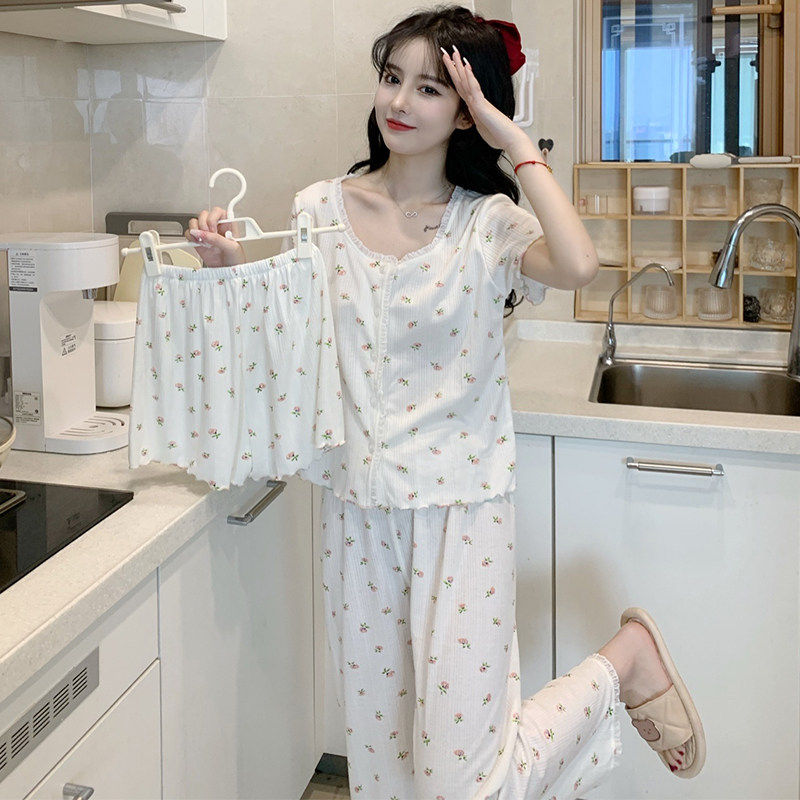 HEARMES 小众秋天睡衣女春秋纯棉学生可爱短袖长裤性感开衫三件套