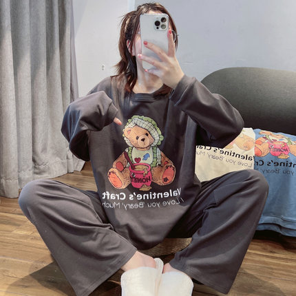HEARMES 加绒日系小熊睡衣女款秋冬季宽松大码胖mm加厚家居服套装