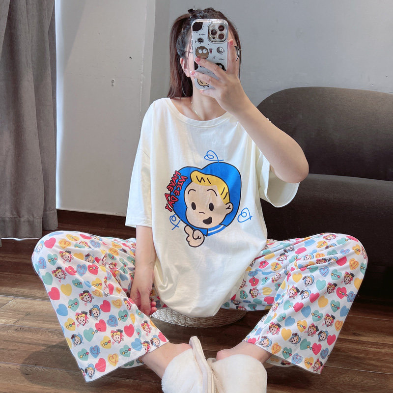 HEARMES 可爱卡通纯棉睡衣女春夏季短袖长裤休闲可外穿家居服套装