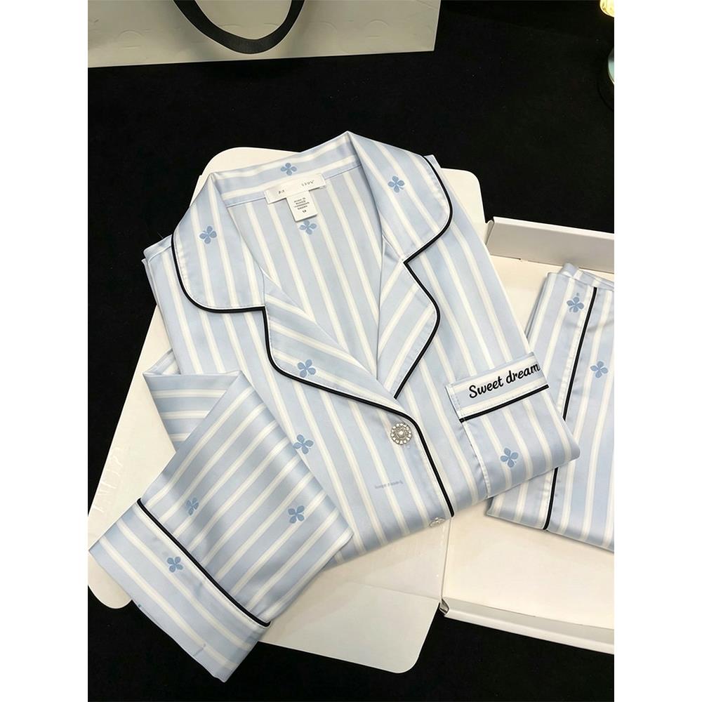HEARMES 轻奢条纹蝴蝶冰丝睡衣女春秋季长袖家居服夏天短袖三件套