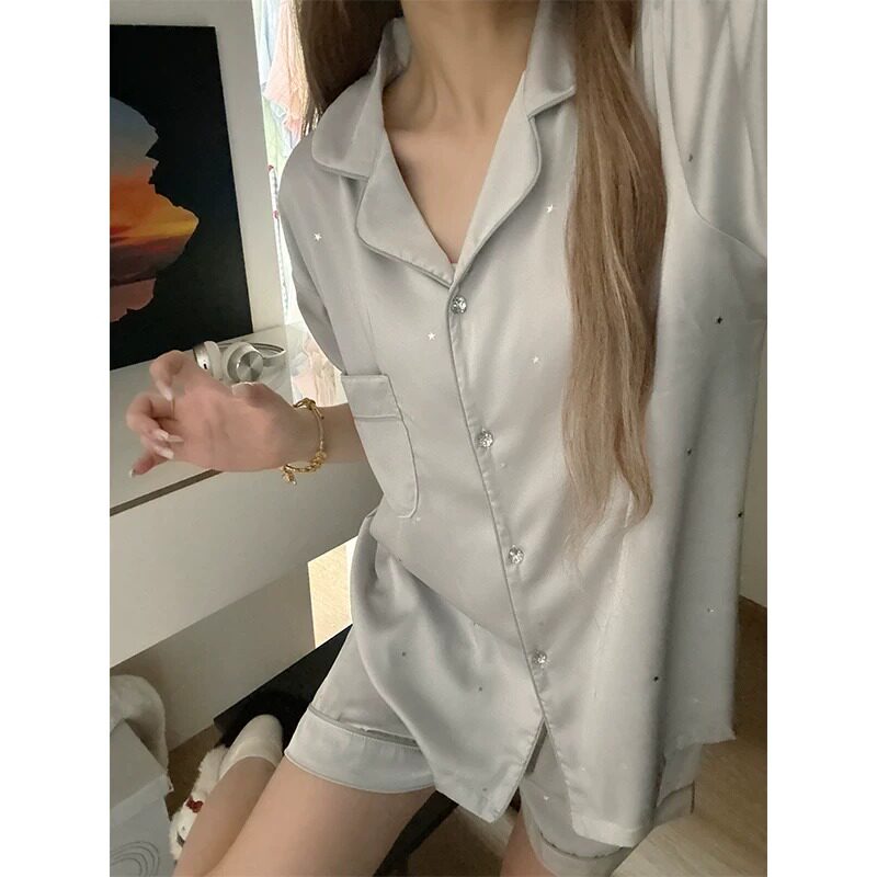 HEARMES 高级感银灰冰丝绸短袖睡衣女夏季休闲家居服夏天可外穿薄