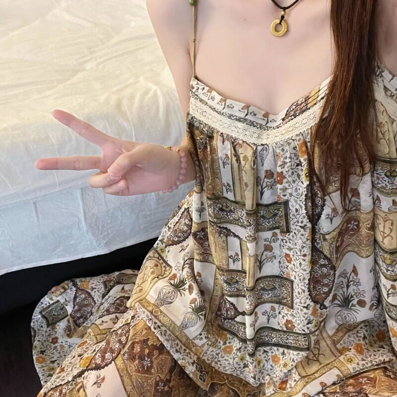 复古法式田园风植物印花吊带睡衣女夏季款显瘦亲肤家居服套装外穿