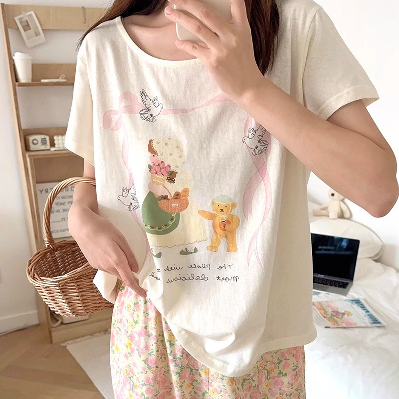 HEARMES 韩国可爱小熊睡衣女款夏蕾丝花边短袖长裤夏天家居服套装