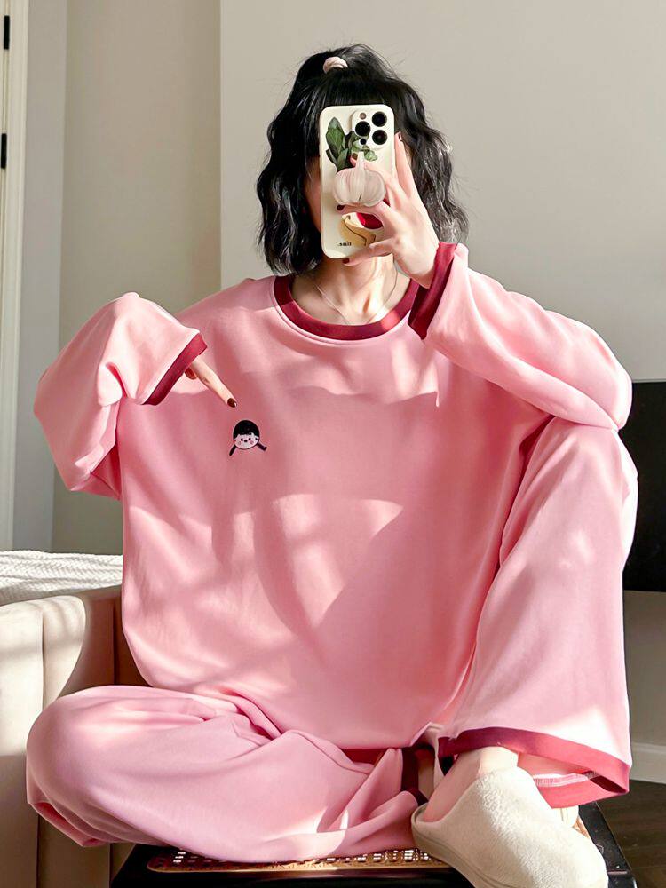 HEARMES CUTE DOLL PAJAMAS WOMENS LONG SLEEVE COTTON SPRING SOLID COLOR CASUAL CAN BE WORN LOOSE LOUNGEWEAR