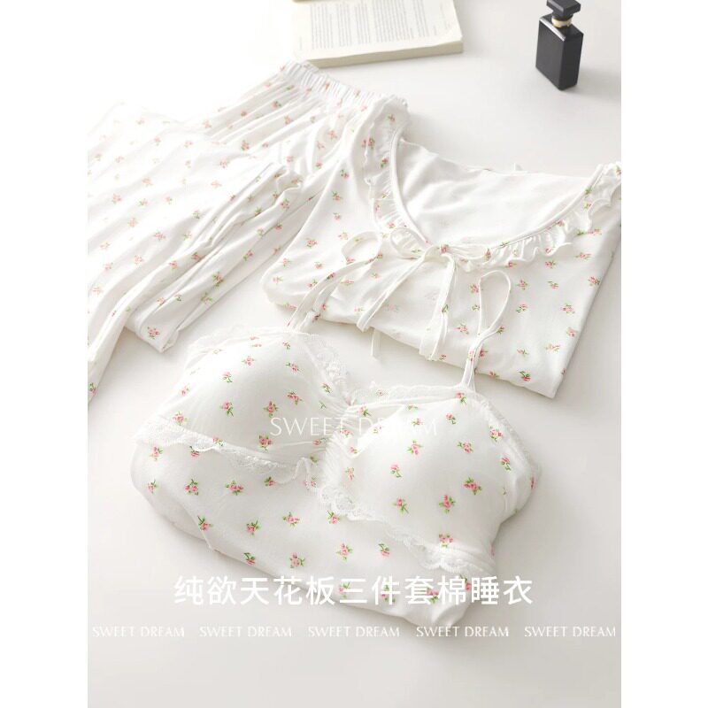 HEARMES 小清新碎花吊带开衫三件套睡衣女款带胸垫短袖长裤家居服