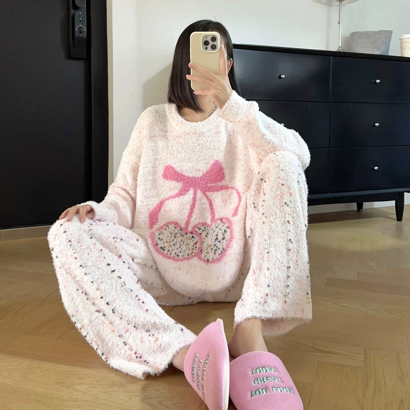 HEARMES 甜美日系半边绒睡衣女珊瑚绒加绒宽松可外穿软绵绵家居服
