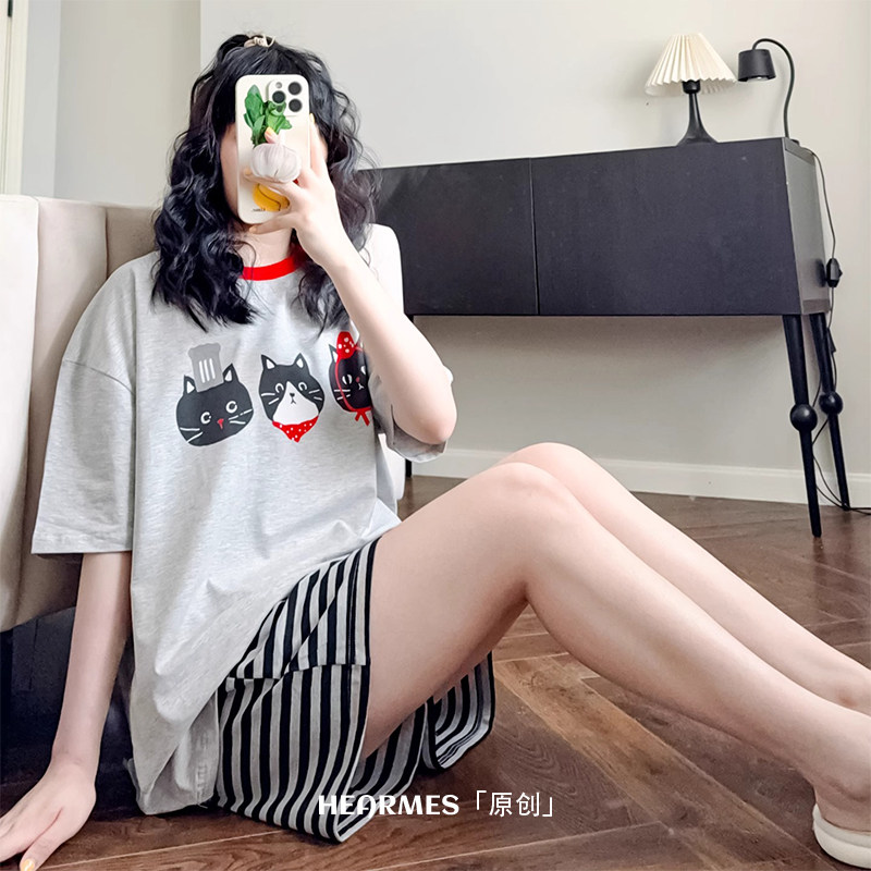 HEARMES 草莓猫条纹睡衣女夏季纯棉短袖短裤可外穿家居服可爱薄款