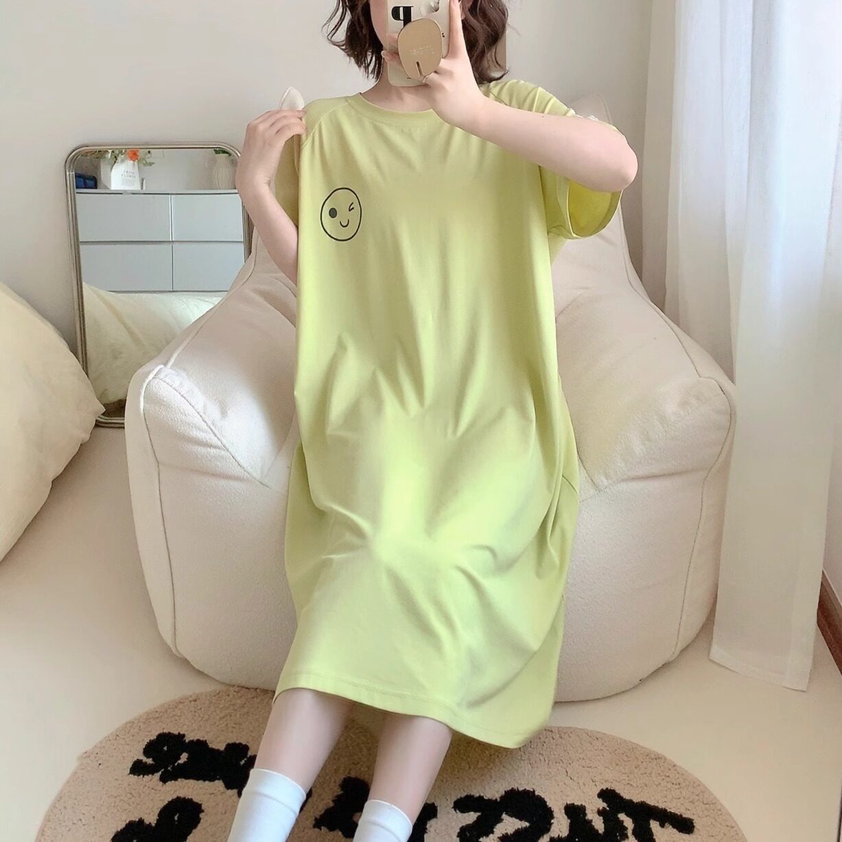 HEARMES 简约笑脸纯棉长款睡裙女夏短袖宽松大码胖mm可外穿家居服