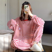 HEARMES 简约休闲套头可外穿家居服 卡通动物条纹睡衣女秋纯棉长袖