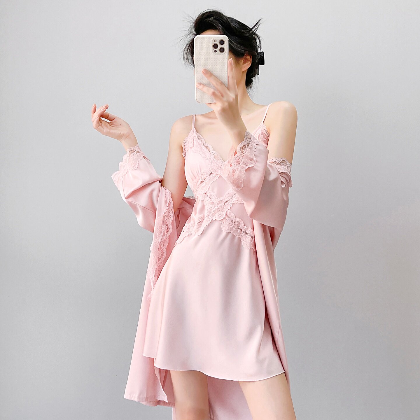 HEARMES 睡衣女春秋性感纯欲风带胸垫冰丝绸吊带睡裙睡袍蕾丝家居