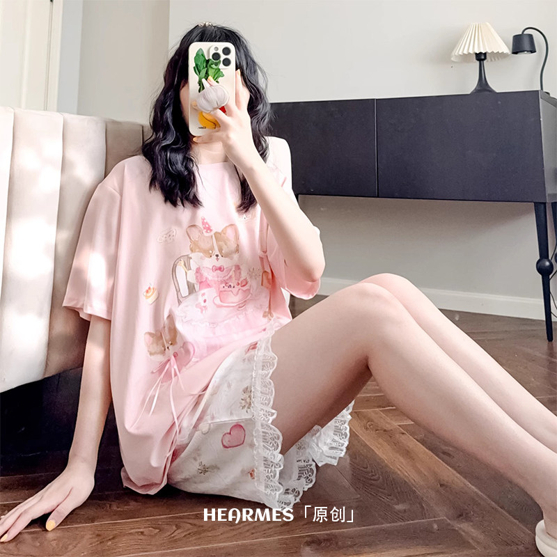 HEARMES 日系甜美睡衣女夏纯棉短袖短裤套装蕾丝可外穿家居服薄款