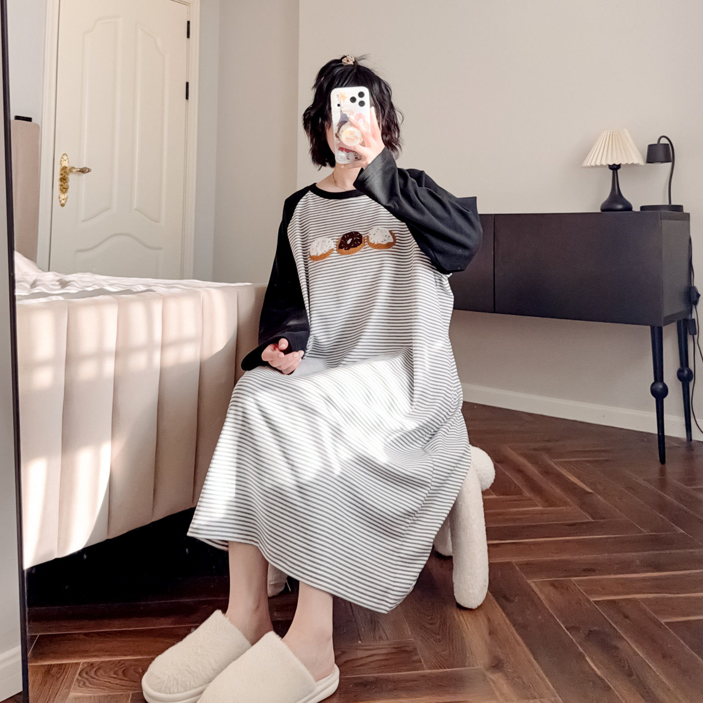 HEARMES 甜甜圈条纹睡裙女纯棉春秋长袖宽松可外穿长裙睡衣插肩袖,女士内衣/男士内衣/家居服,睡衣/家居服套装,淘宝优惠券,粉丝福利购,淘宝优惠卷