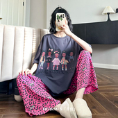韩版 HEARMES 长裤 纯棉短袖 可外穿家居服可爱 卡通豹纹睡衣女生夏季