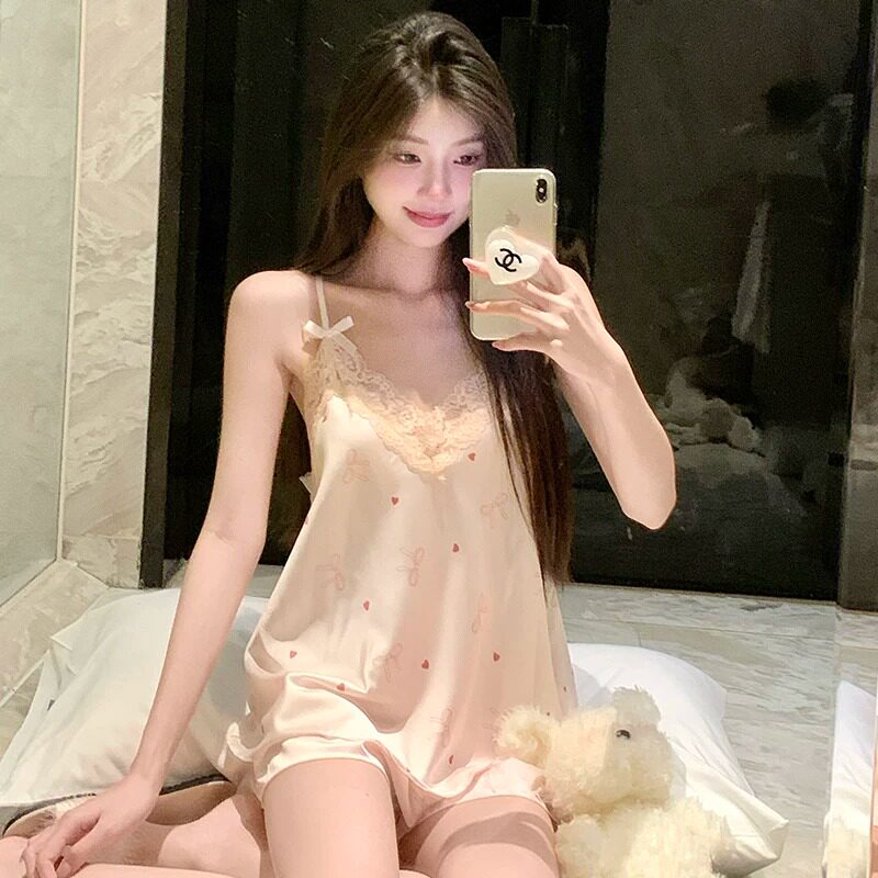 HEARMES 夏天纯欲性感冰丝绸睡衣女款夏季吊带短裤甜美家居服套装