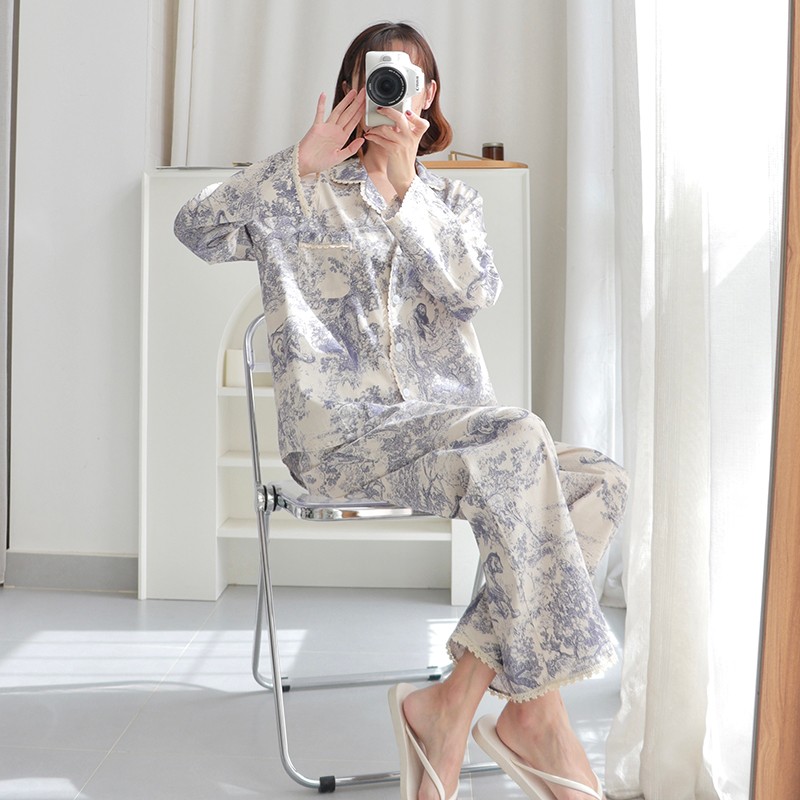 HEARMES 睡衣女春秋款气质纯棉长袖薄款夏天棉麻可外穿夏季家居服