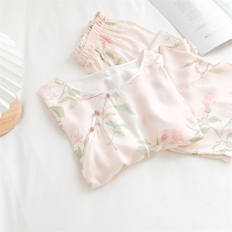 HEARMES【美熙】中国风柔软贡缎棉绸中式汉服碎花夏季睡衣女春秋