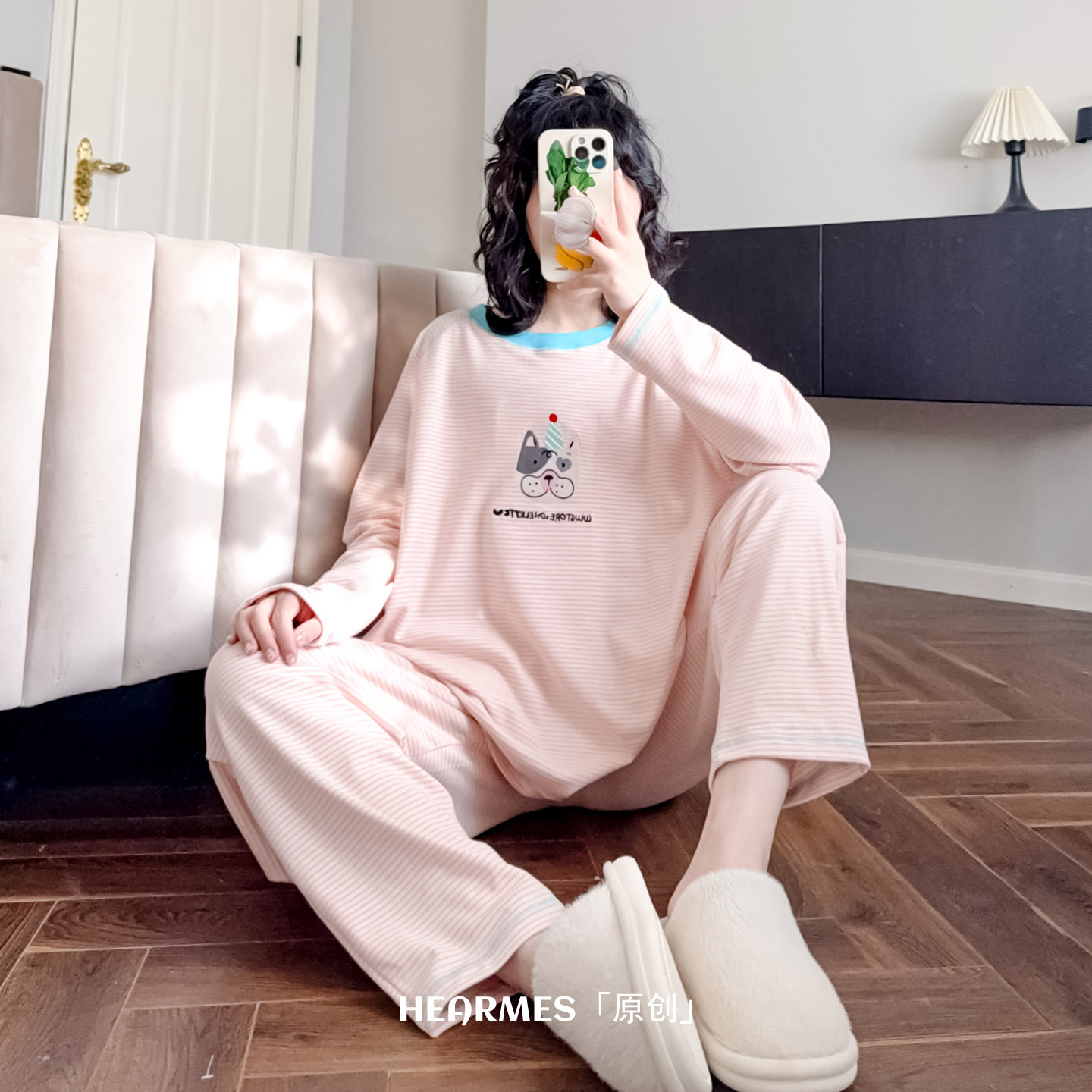 HEARMES 卡通条纹睡衣女款纯棉春秋季新款可外穿宽松家居服套装