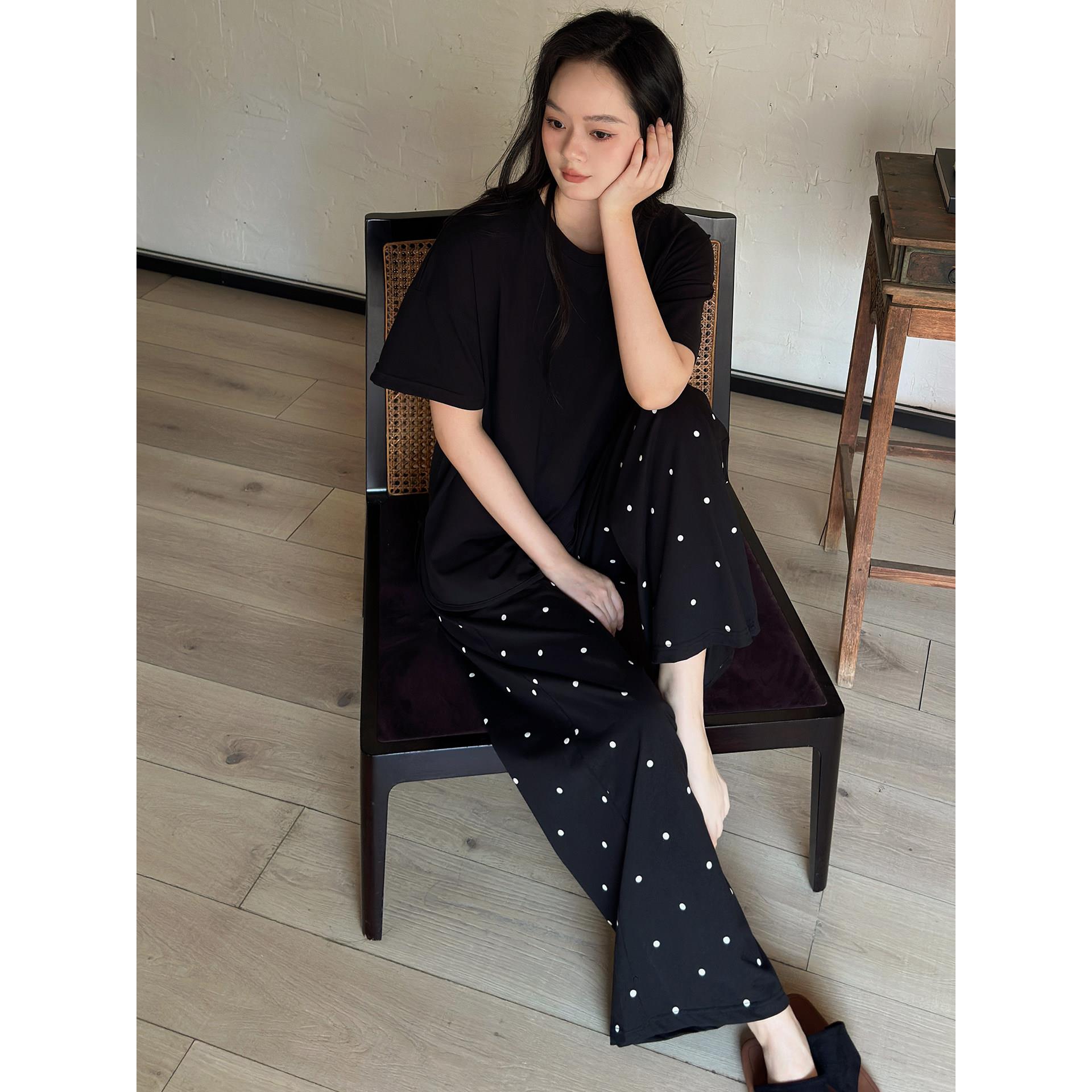 HEARMES 睡衣女春夏季纯棉黑色短袖可外穿高级感波点长裤家居服