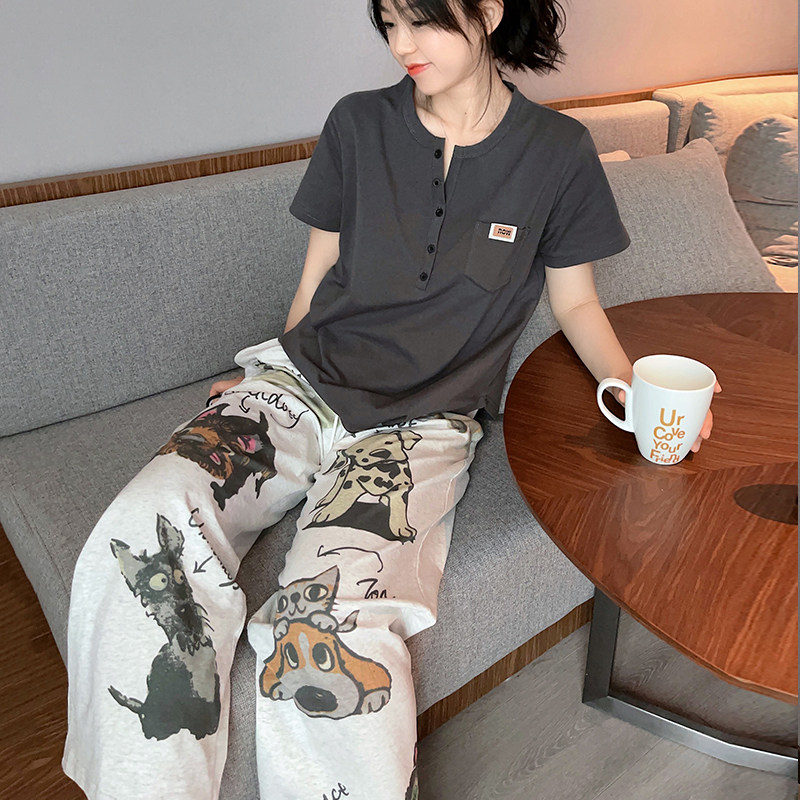 HEARMES 灰色大狗短袖长裤可爱卡通纯棉睡衣女夏可外穿家居服套装
