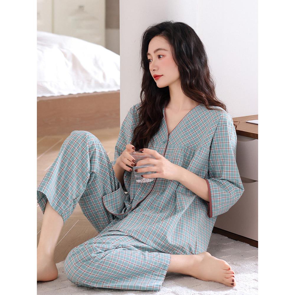 HEARMES 纯棉七分袖睡衣女春秋季梭织棉纱布全棉薄款家居服两件套
