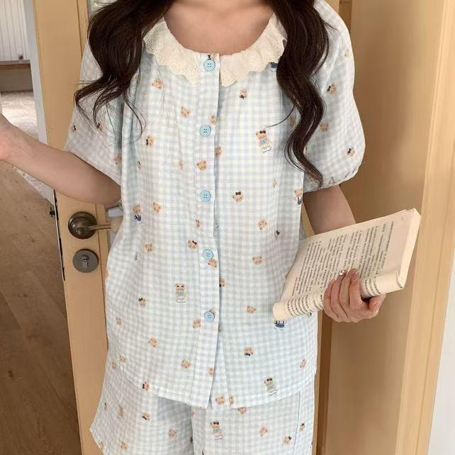 HEARMES 夏季纱布纯棉睡衣女甜美花边开衫短袖短裤家居服带胸垫