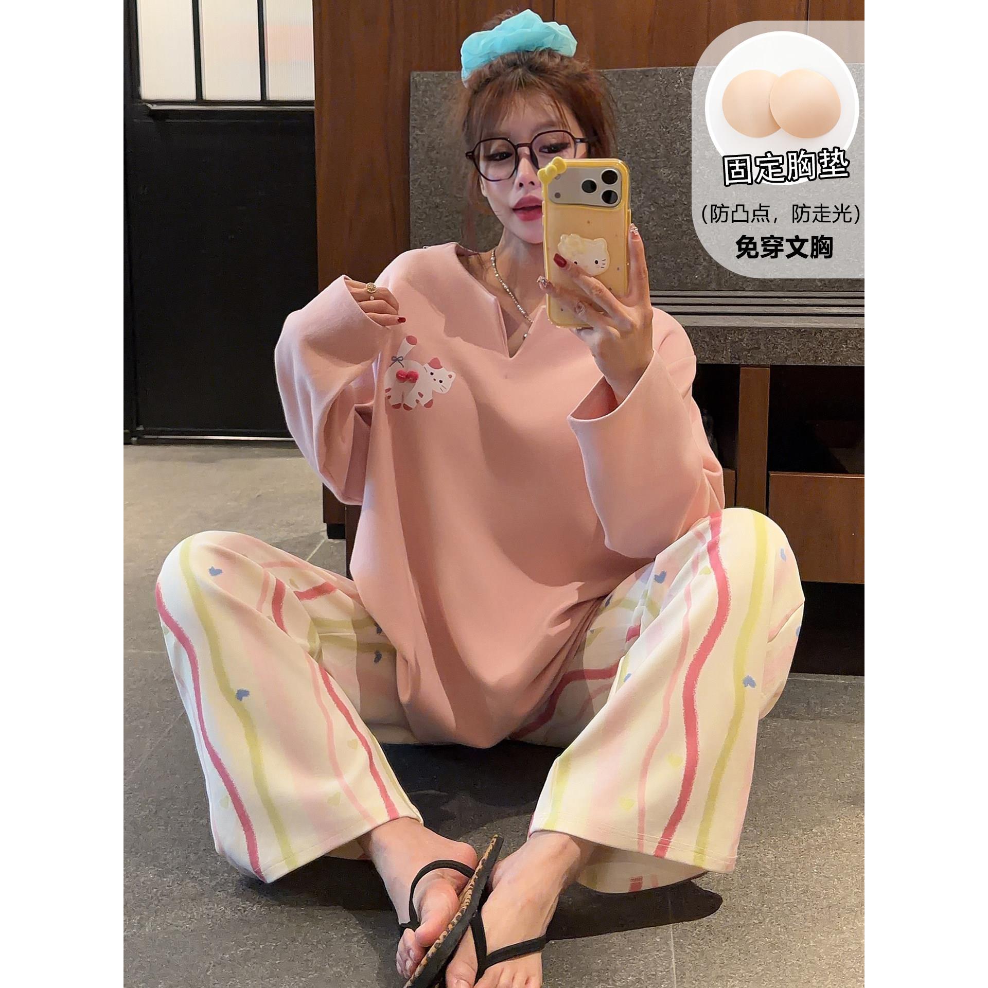 HEARMES 睡衣女款秋季长袖长裤纯棉带胸垫甜美卡通春秋款家居服