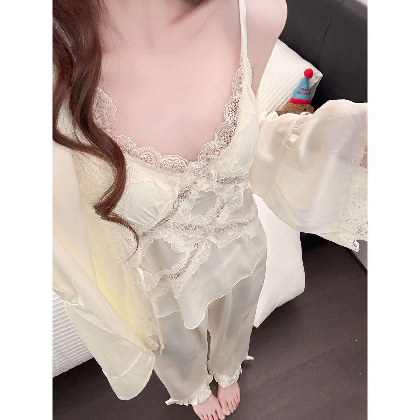 HEARMES 韩系性感冰雪丝吊带睡衣女三件套年春秋季长袖长裤家居服