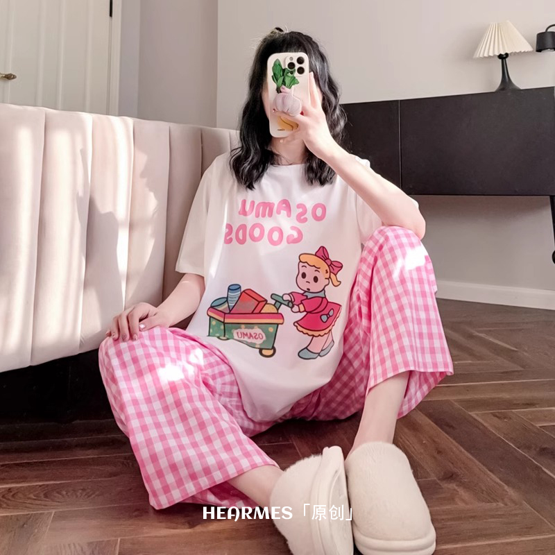 HEARMES 甜美卡通短袖格子长裤夏睡衣女纯棉韩系可外穿可爱家居服