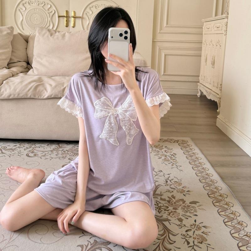 HEARMES 睡衣女夏季莫代尔短袖短裤带胸垫蕾丝花边可外穿家居服大